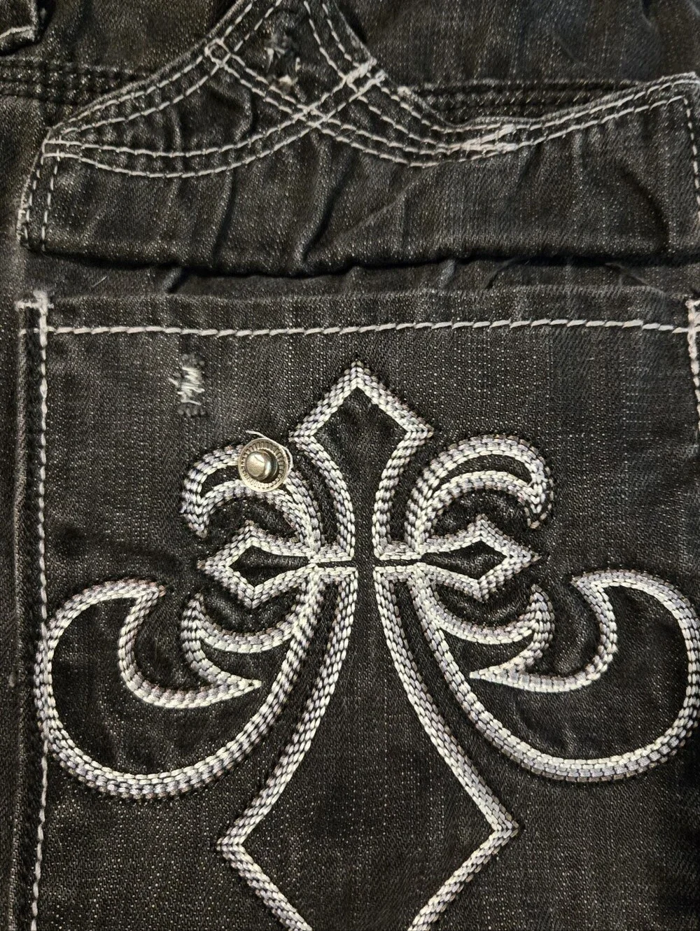 Affliction Black Bootcut Jeans with Fleur-de-Lis Stitching